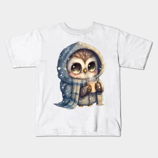Chibi Owl Drinking Hot Chocolate Cute Baby Christmas Scarf Beanie Kids T-Shirt